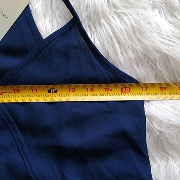 NEW Lily White Sleeveless V Neck Navy Chiffon Surplus Wrap Blouse - Picture 11 of 13